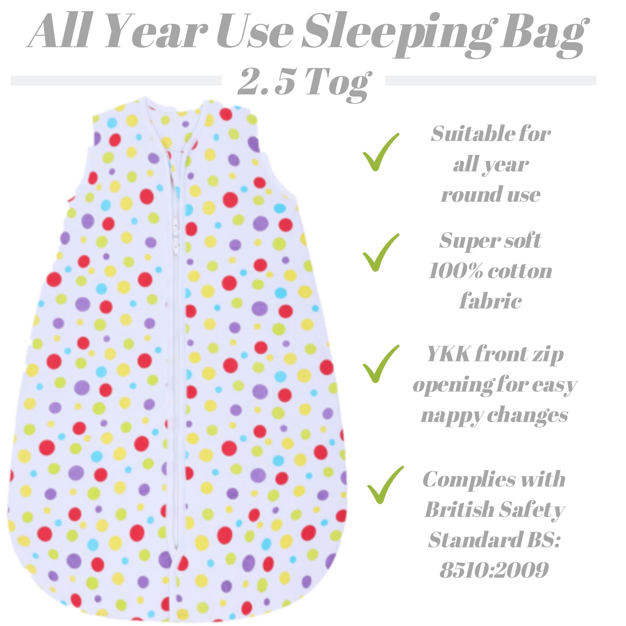 Snoozebag Baby Sleep Bag Spots 6-18 Months Side Zip 2020 Version 2.5 Tog