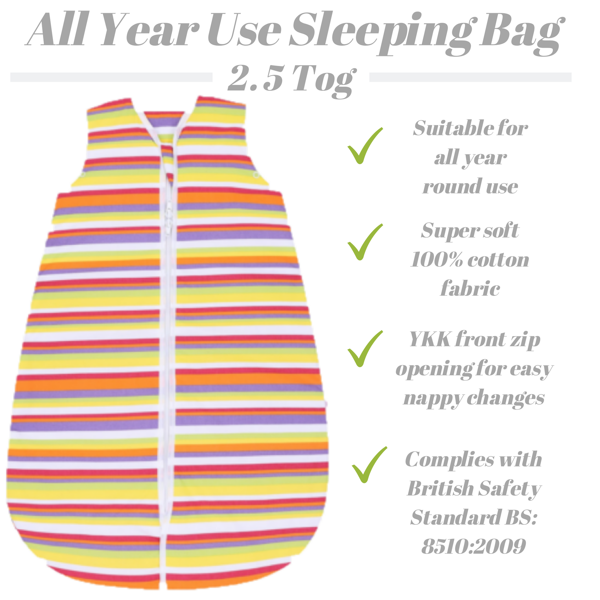 Snoozebag Baby Sleep Bag Multi Stripe 6-18 Months Front Zip 2020 Version 2.5 Tog