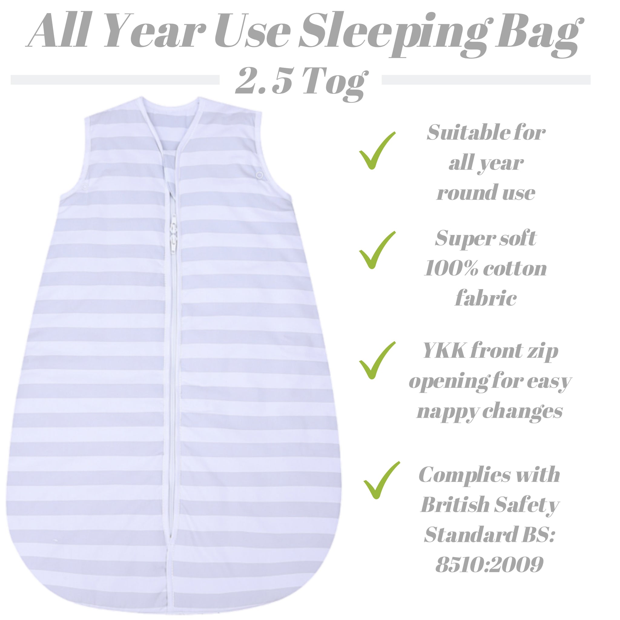 Snoozebag Baby Sleep Bag Grey Stripe 3-6 Years Front Zip 2020 Version 2.5 Tog