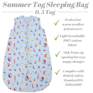 Snoozebag Baby Sleep Bag Seaside Fun 6-18 Months Front Zip 2020 Version 0.5 Tog