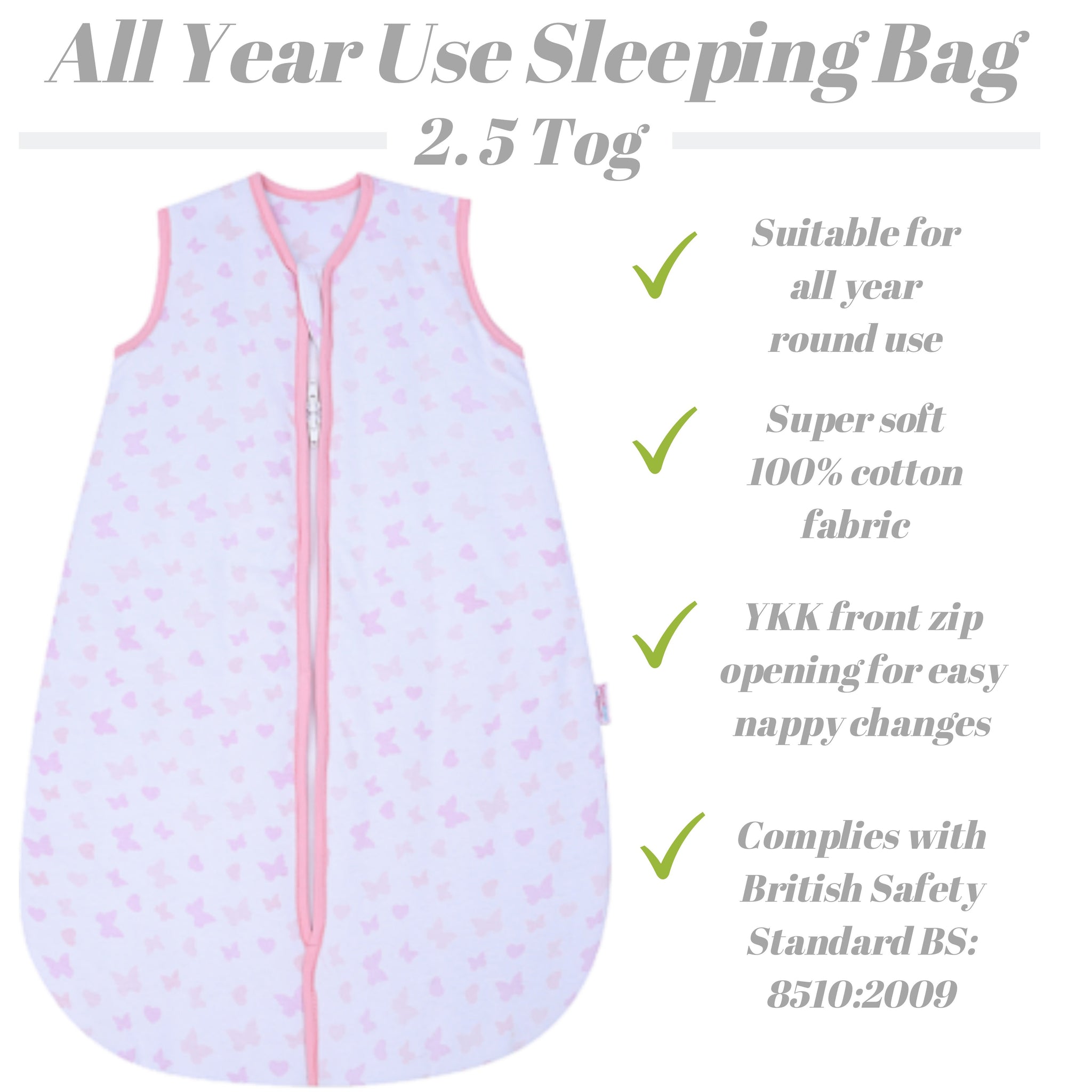 Snoozebag Baby Sleep Bag Butterflies & Hearts 18-36 Months Front Zip 2020 Version 2.5 Tog