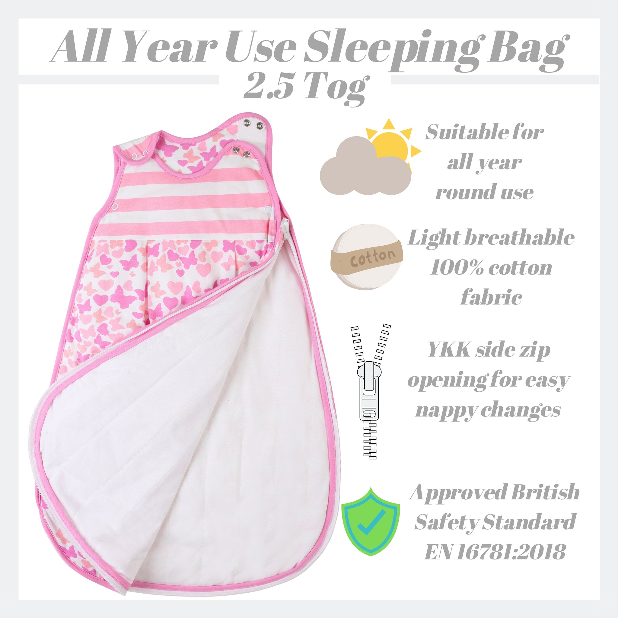 Snoozebag Baby Sleeping Bag - Butterflies & Hearts - 2.5 Tog