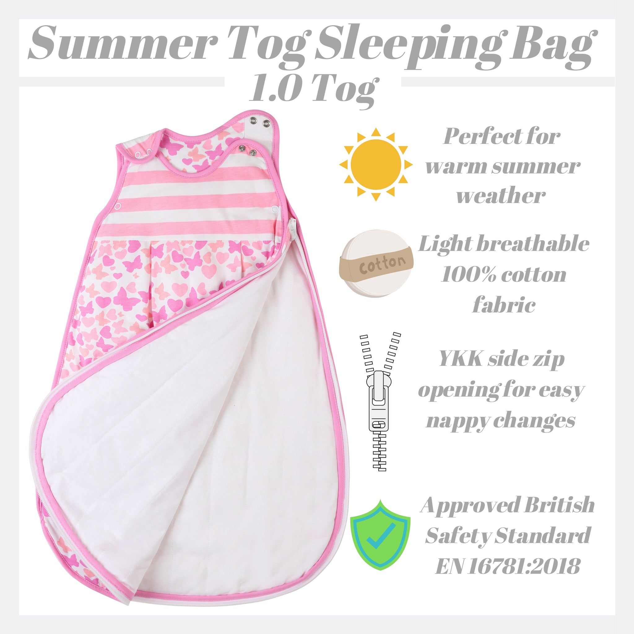 Snoozebag Baby Sleeping Bag - Butterflies & Hearts - Summer 1.0 Tog