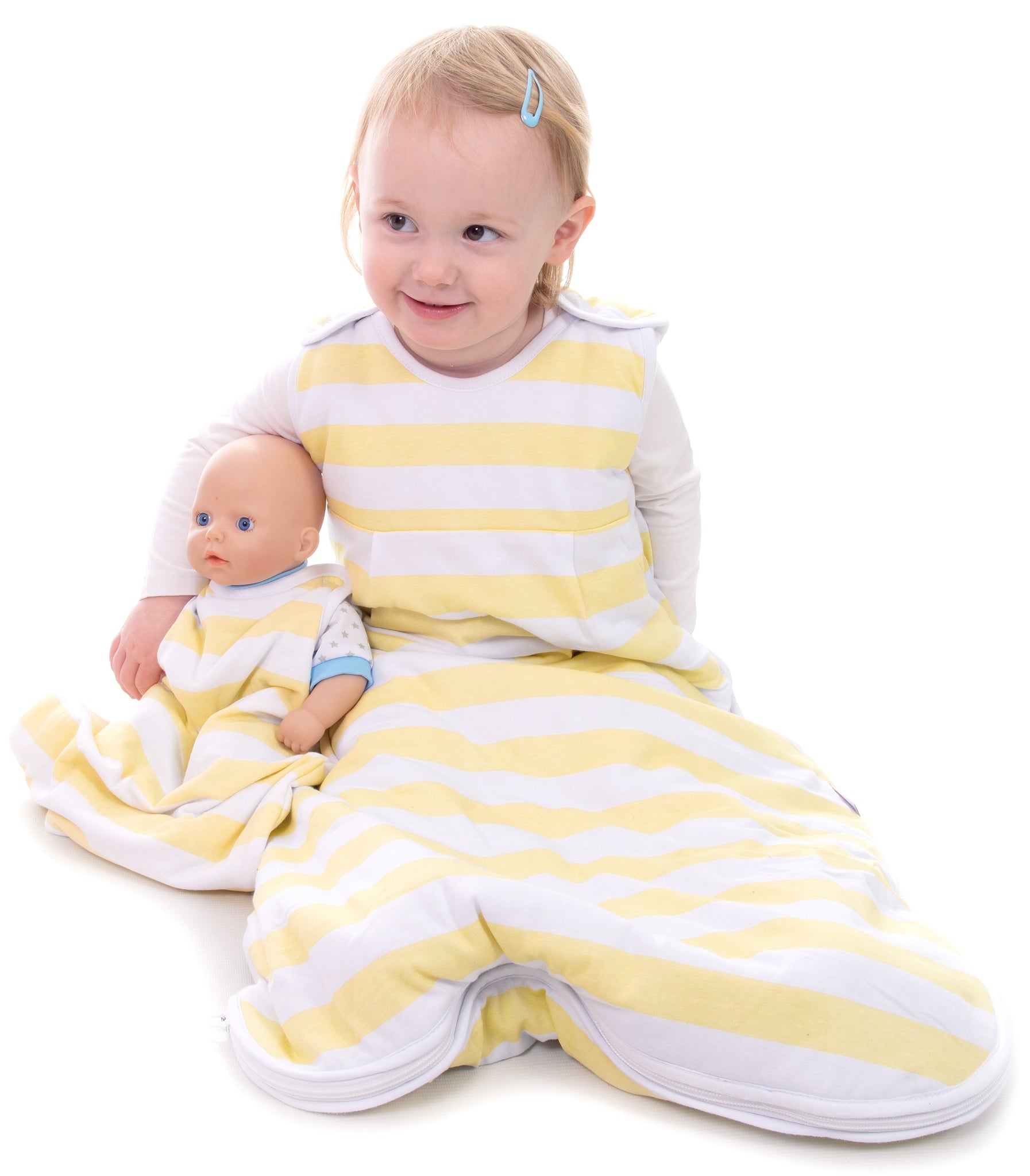 Snoozebag Doll Baby Sleeping Bag Suitable For all Child Toy Dolls Accessory 100% Cotton - Lemon Stripe