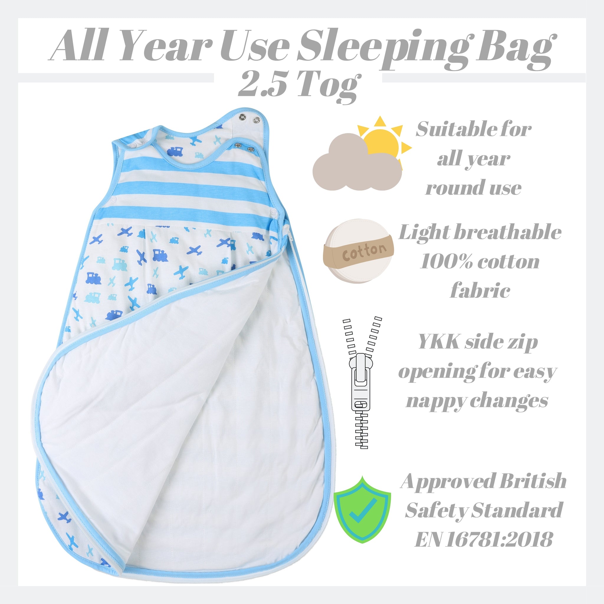 Snoozebag Baby Sleeping Bag Planes & Trains 0-6 Months - 2.5 Tog