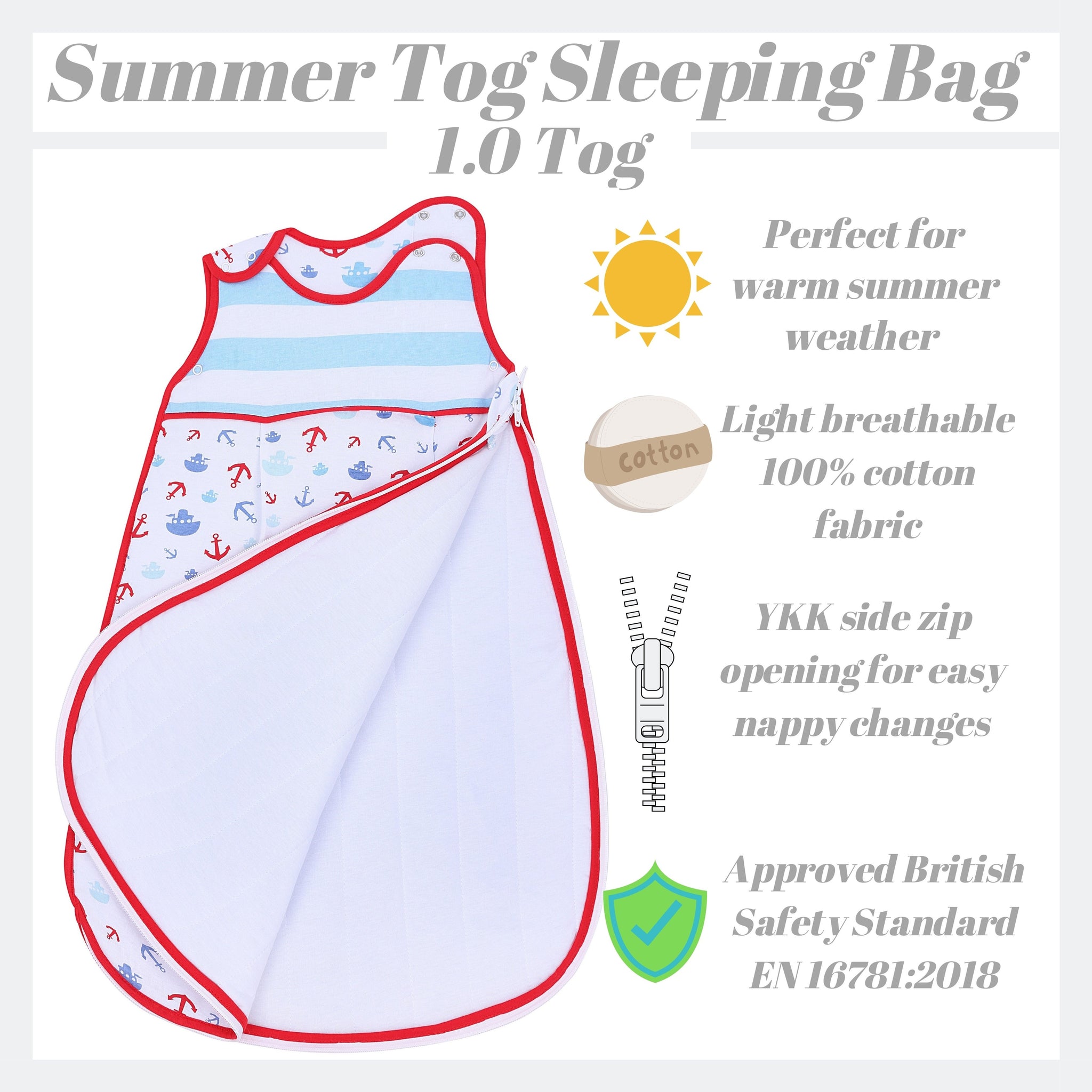 Snoozebag Baby Sleeping Bag - Boats & Anchors - Summer 1.0 Tog