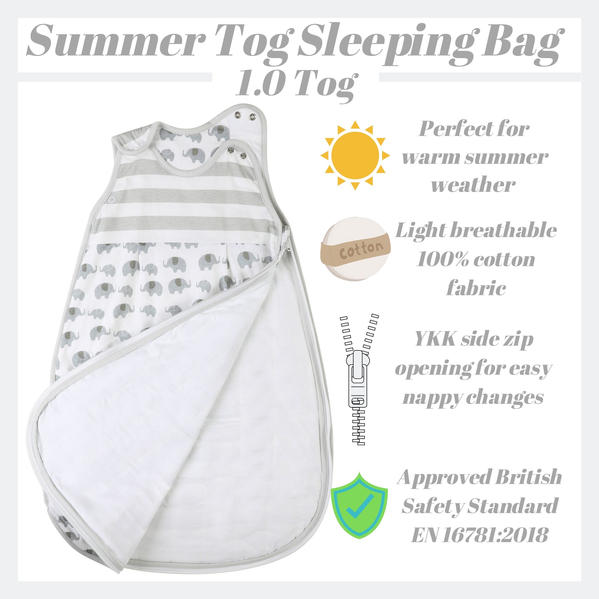 Snoozebag Baby Sleeping Bag - Elephant Love - Summer 1.0 Tog